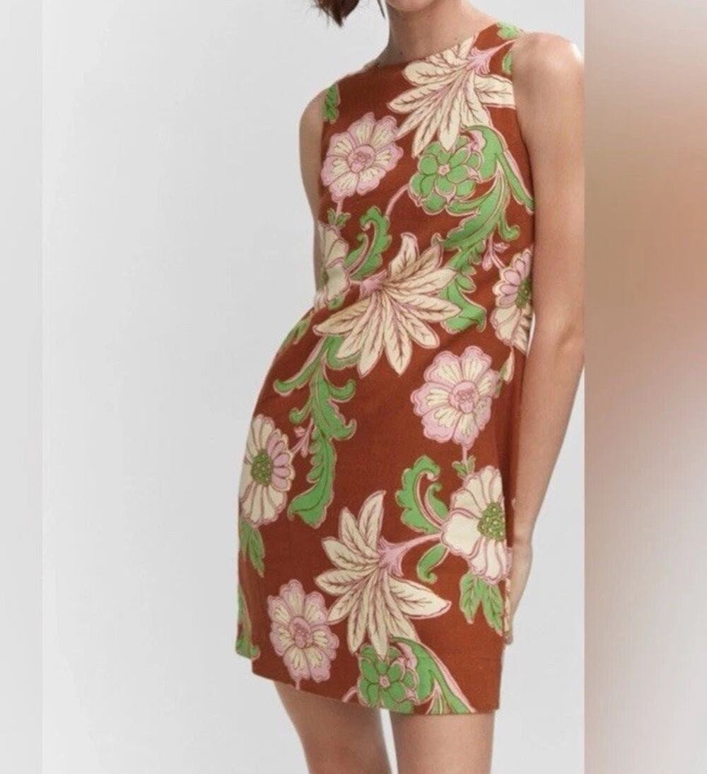 Mango Floral Linen Mini Dress Open Back Brown Size 8 Sundress